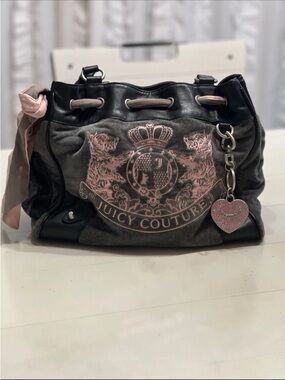 Juicy Couture Black and Pink Logo Shoulder Bag with Heart Charm